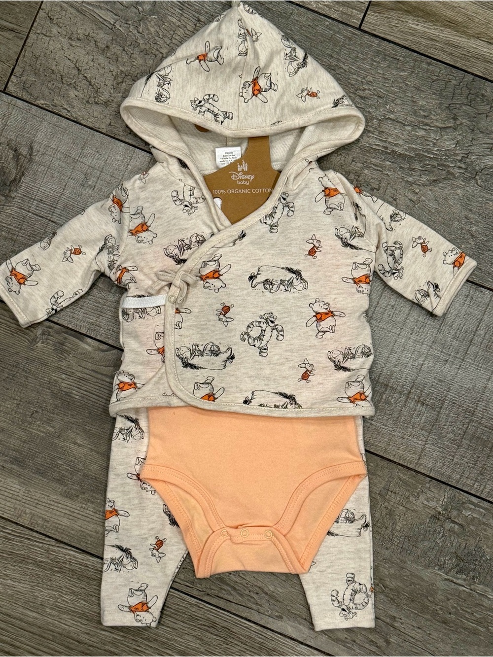 Disney Boys Girls Winnie The Pooh Hooded 3 Piece Bodysuit Set 0-3 Months